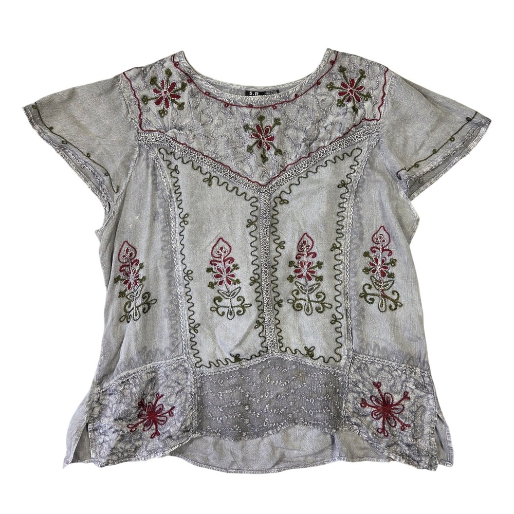 S.R. Fashion Womens Grey Embroidered Boho Rayon Tie Back Blouse Plus Size India